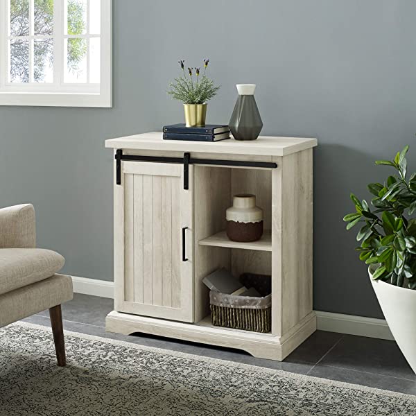 Walker Edison Beaumont Modern Farmhouse Sliding Slat Door Storage Cabinet, 32 Inch, White Oak White Oak Groove Door Cabinet