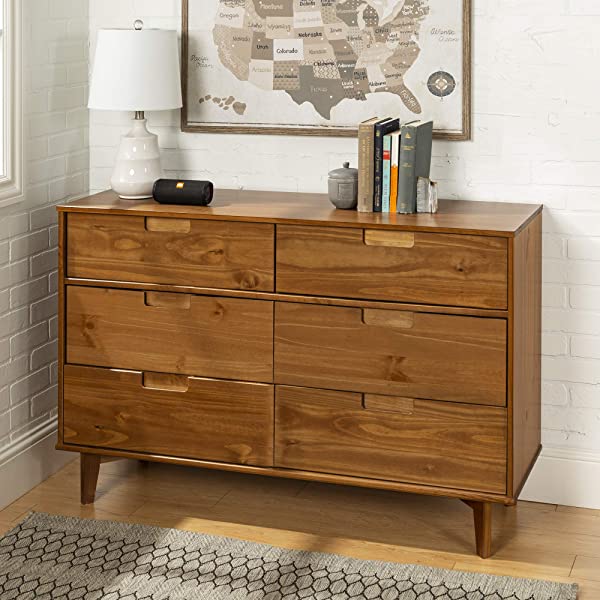 Walker Edison Mid Century Modern Grooved Handle Wood Dresser Bedroom Storage Drawer Organizer Closet Hallway, 6 Drawer, Caramel Caramel 1 pack 6 Drawer