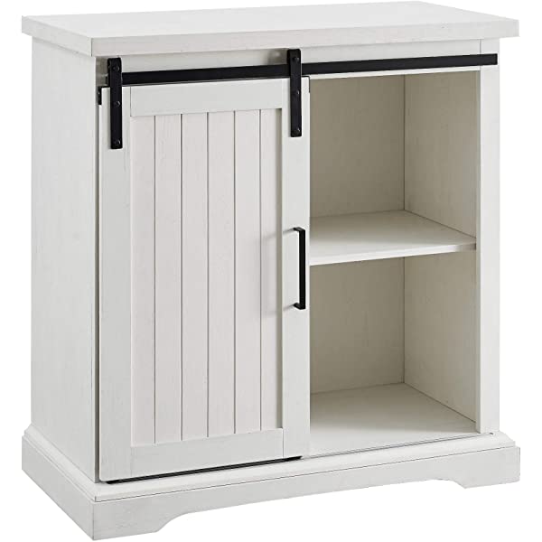 Walker Edison Beaumont Modern Farmhouse Sliding Slat Door Storage Cabinet, 32 Inch, White Oak White Oak Groove Door Cabinet
