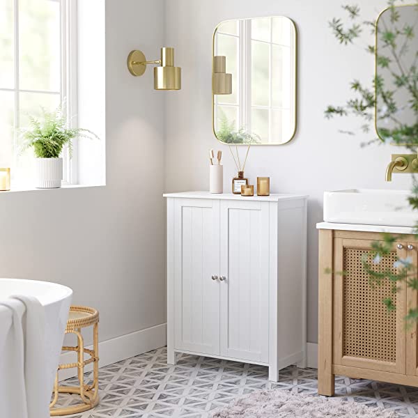 VASAGLE Bathroom Floor Storage Cabinet with Double Door Adjustable Shelf, 23.6 x 11.8 x 31.5 Inches White UBCB60W