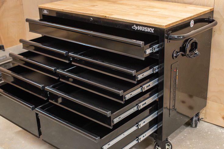 🔥Special Offer Only Today - 46 in. W x 24.5 in. D 9-Drawer Gloss Black Deep Tool Chest Mobile Workbench with Hardwood Top and Power Station