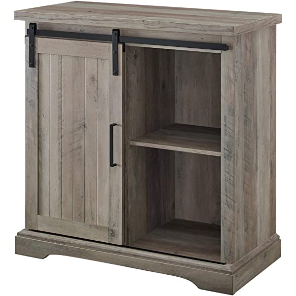 Walker Edison Beaumont Modern Farmhouse Sliding Slat Door Storage Cabinet, 32 Inch, White Oak White Oak Groove Door Cabinet