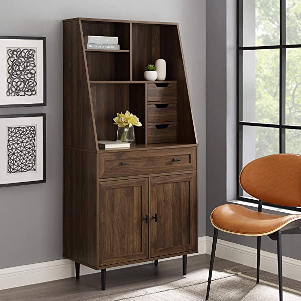 Walker Edison Secretary Hutch Wood Desk with Keyboard Drawer Bookshelf Storage Home Office Storage Cabinet, 64 Inch, Dark Walnut Dark Walnut Desk