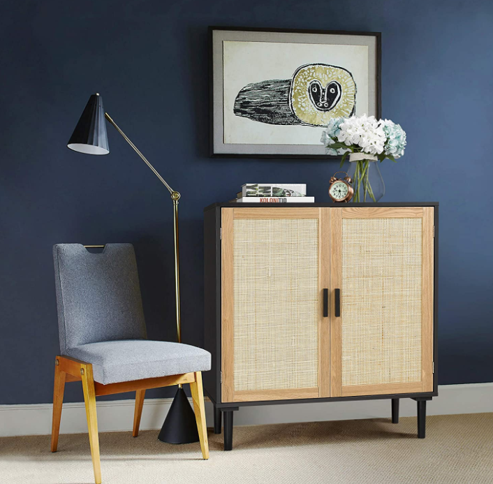 Finnhomy Sideboard Buffet Cabinet, Kitchen Storage Cabinet with Rattan Decorated Doors, Liquor Cabinet for Bar, Dining Room, Hallway, Cupboard Console Table, Accent Cabinet, 31.5X 15.8X 34.6 Inches