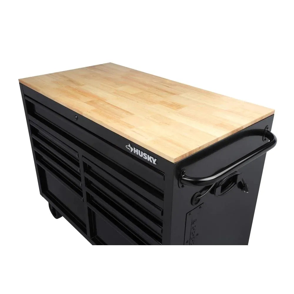 🔥Special Offer Only Today - 46 in. W x 24.5 in. D 9-Drawer Gloss Black Deep Tool Chest Mobile Workbench with Hardwood Top and Power Station
