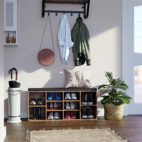 VASAGLE Cubbie Shoe Cabinet Storage Bench with Cushion, Adjustable Shelves, Holds up to 440lb, Rustic Brown ULHS10BX