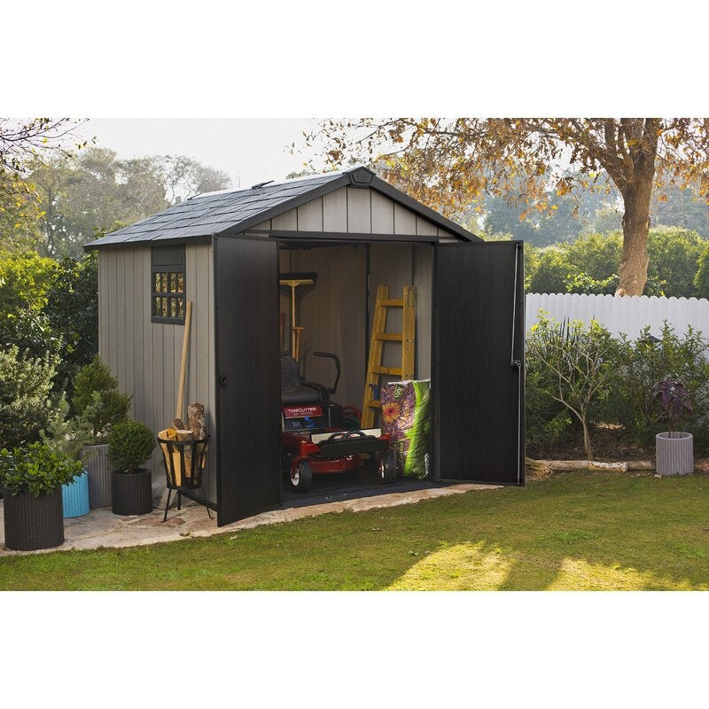 Oakland 7 x 7 FT Rustic Worn Wooden Texture Storage Shed with High Ceiling And Victorian Window