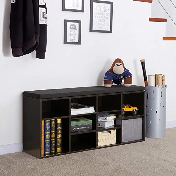 VASAGLE Cubbie Shoe Cabinet Storage Bench with Cushion, Adjustable Shelves, Holds up to 440lb, Rustic Brown ULHS10BX