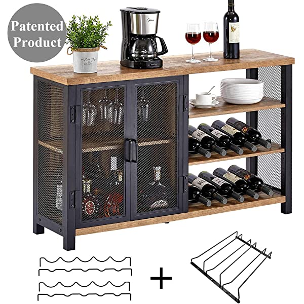 BON AUGURE Industrial Bar Cabinet for Liquor and Glasses, Rustic Wood and Metal Wine Rack Table, Accent Sideboard Buffet with Doors (47 Inch, Vintage Oak) Wine Cabinet