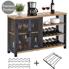 BON AUGURE Industrial Bar Cabinet for Liquor and Glasses, Rustic Wood and Metal Wine Rack Table, Accent Sideboard Buffet with Doors (47 Inch, Vintage Oak) Wine Cabinet