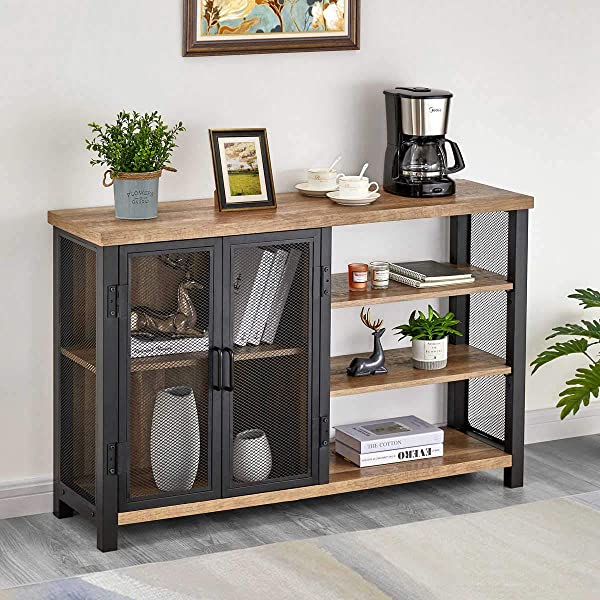 BON AUGURE Industrial Bar Cabinet for Liquor and Glasses, Rustic Wood and Metal Wine Rack Table, Accent Sideboard Buffet with Doors (47 Inch, Vintage Oak) Wine Cabinet