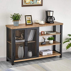 BON AUGURE Industrial Bar Cabinet for Liquor and Glasses, Rustic Wood and Metal Wine Rack Table, Accent Sideboard Buffet with Doors (47 Inch, Vintage Oak) Wine Cabinet