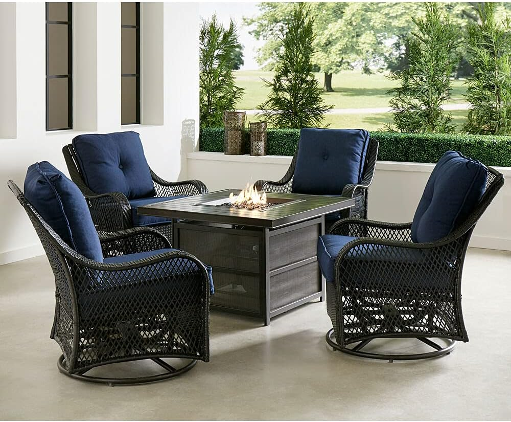 Hanover Orleans 5-Piece Steel Patio Fire Pit Conversation Set with Cushions, Swivel Gliders and Square Fire Pit Table
