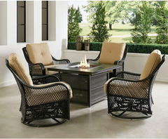 Hanover Orleans 5-Piece Steel Patio Fire Pit Conversation Set with Cushions, Swivel Gliders and Square Fire Pit Table
