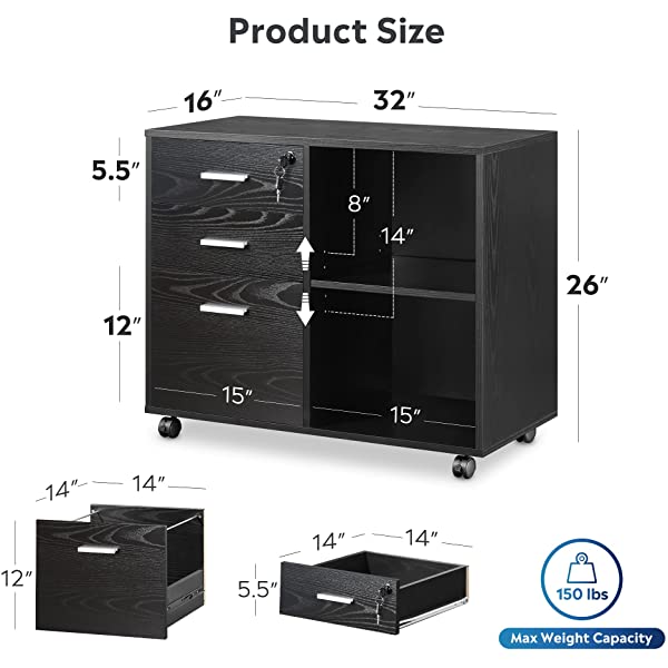 DEVAISE 3-Drawer Wood File Cabinet with Lock, Mobile Lateral Filing Cabinet, Printer Stand with Open Storage Shelves for Home Office, Black