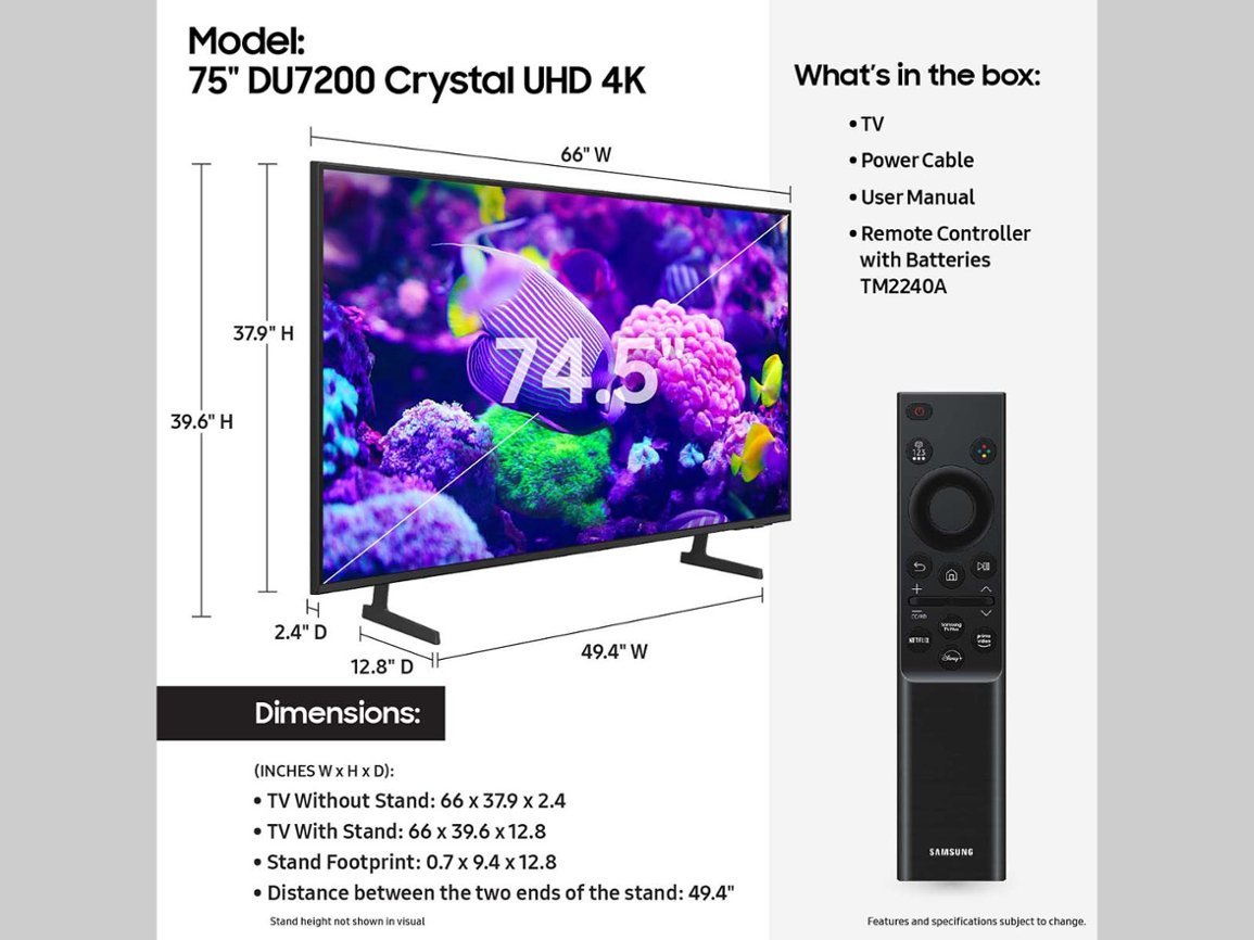 Solid Wood Paderna Media Console（mobile TV stand） +Samsung 75” Class DU7200 Series 4K Smart Tizen TV