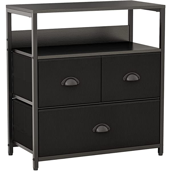 Furologee Nightstand with 3 Drawers, Dresser with Storage Shelf, Bedside Table/Closet Organizer, Rustic Fabric Linen Bins & Wooden Top for Bedroom, Hallway, Hotel (Rustic Brown)