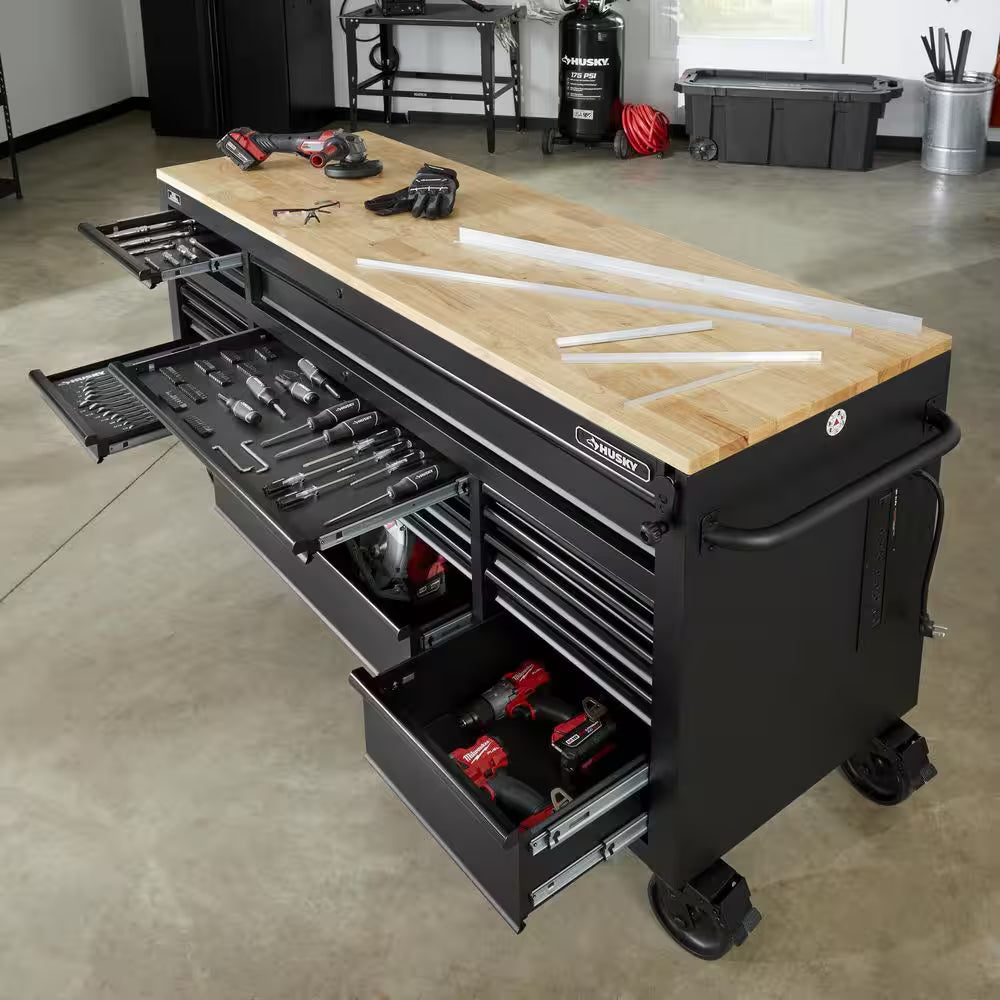 72 IN. 18-DRAWER MOBILE WORKBENCH WITH ADJUSTABLE-HEIGHT SOLID WOOD TOP IN MATTE