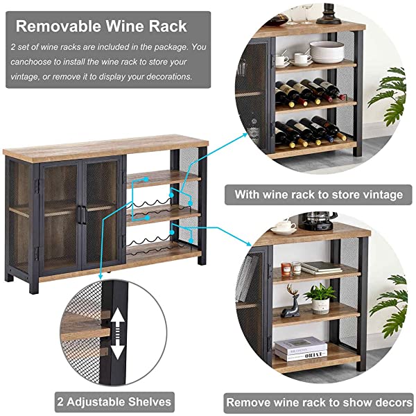BON AUGURE Industrial Bar Cabinet for Liquor and Glasses, Rustic Wood and Metal Wine Rack Table, Accent Sideboard Buffet with Doors (47 Inch, Vintage Oak) Wine Cabinet