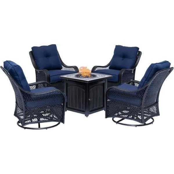 5-Piece Steel Patio Fire pit Conversation Set with Sahara Sand Cushions and 26 in. Square Fire pit Side Table