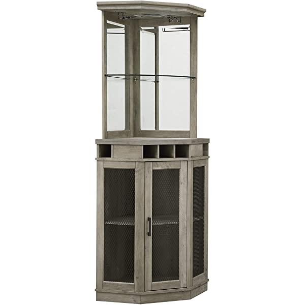 Home Source Stone Grey Corner Bar Unit with Built-in Wine Rack and Lower Cabinet