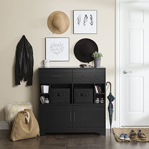 South Shore Vietti Bar Cabinet with Liquor and Wine Bottle Storage with Drawers, Black Oak with Metal Handles