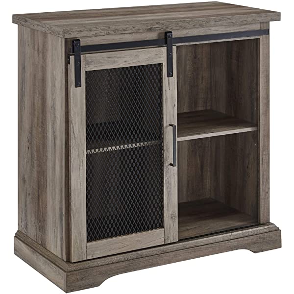 Walker Edison Beaumont Modern Farmhouse Sliding Slat Door Storage Cabinet, 32 Inch, White Oak White Oak Groove Door Cabinet