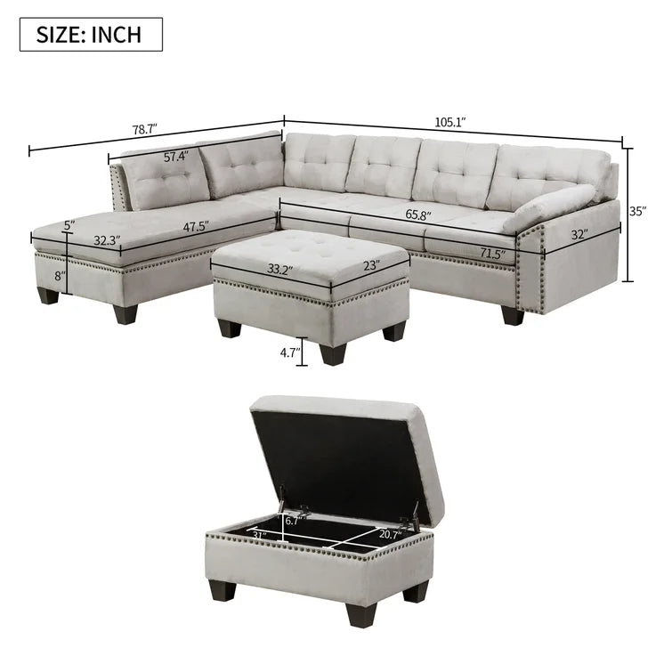 105.1'' Wide Genuine Leather Left Hand Facing Sofa & Chaise Sectional with Ottoman