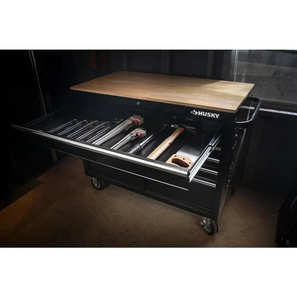 🔥Special Offer Only Today - 46 in. W x 24.5 in. D 9-Drawer Gloss Black Deep Tool Chest Mobile Workbench with Hardwood Top and Power Station