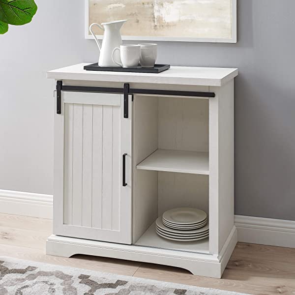Walker Edison Beaumont Modern Farmhouse Sliding Slat Door Storage Cabinet, 32 Inch, White Oak White Oak Groove Door Cabinet
