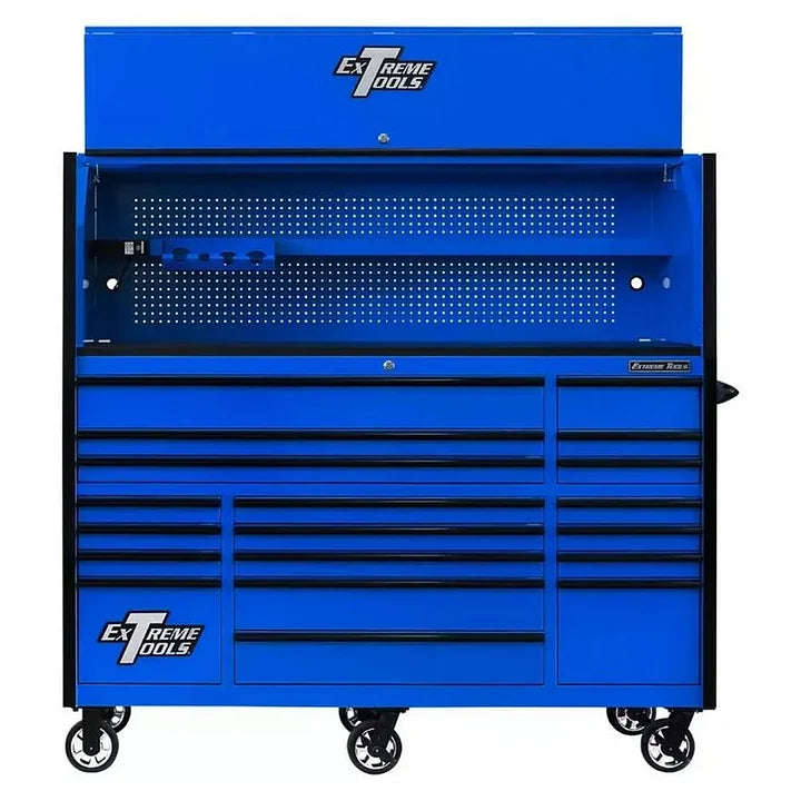 EXTREME TOOLS 72" RX Series 19 Drawer 30" Deep Roller Cabinet with Bins - Blue with Black Drawer Pulls