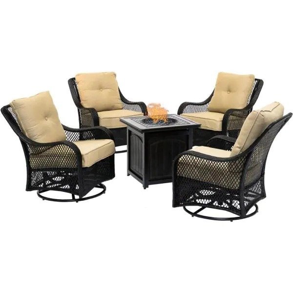 5-Piece Steel Patio Fire pit Conversation Set with Sahara Sand Cushions and 26 in. Square Fire pit Side Table