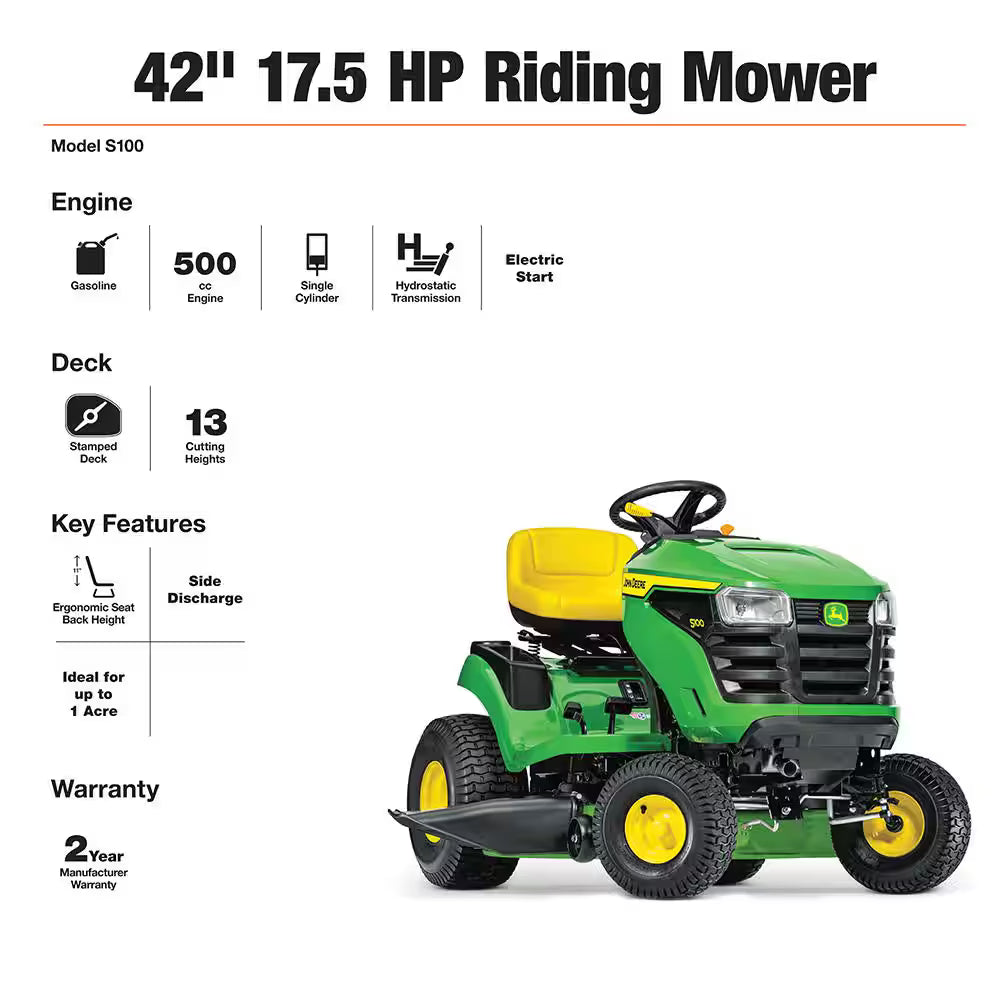 John Deere S100 42 in. 17.5 HP Gas Hydrostatic Riding Lawn Mower