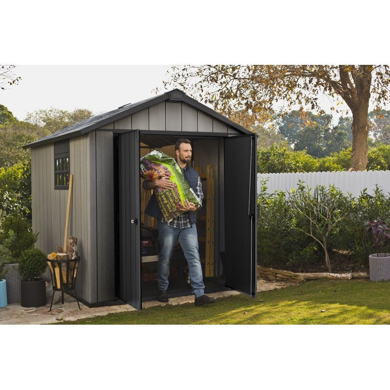 Oakland 7 x 7 FT Rustic Worn Wooden Texture Storage Shed with High Ceiling And Victorian Window