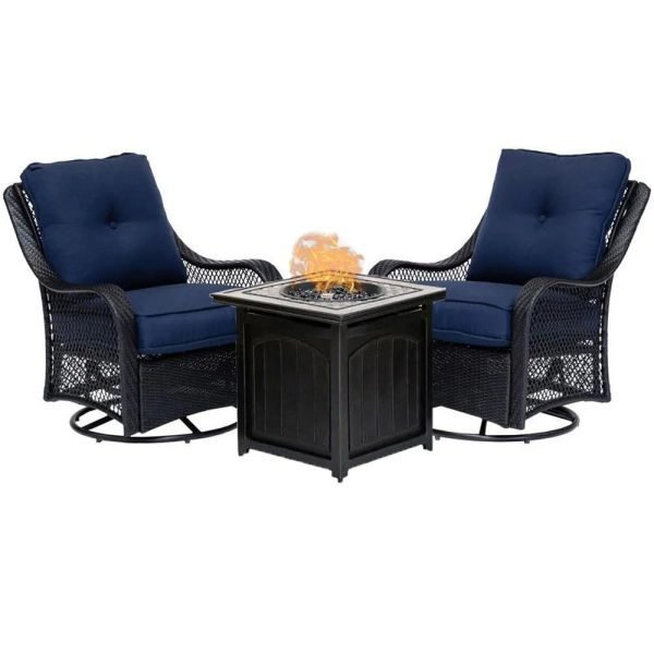 5-Piece Steel Patio Fire pit Conversation Set with Sahara Sand Cushions and 26 in. Square Fire pit Side Table