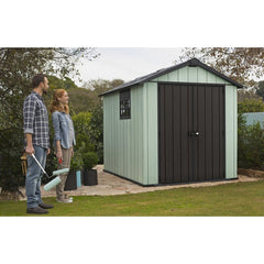 Oakland 7 x 7 FT Rustic Worn Wooden Texture Storage Shed with High Ceiling And Victorian Window