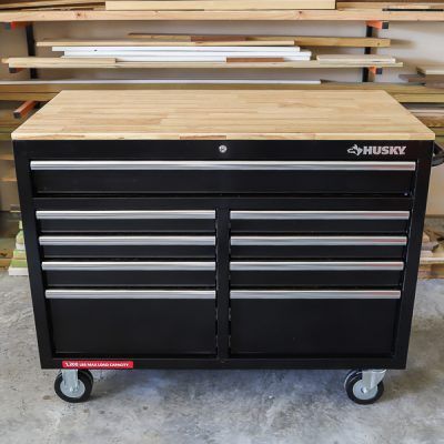 🔥Special Offer Only Today - 46 in. W x 24.5 in. D 9-Drawer Gloss Black Deep Tool Chest Mobile Workbench with Hardwood Top and Power Station