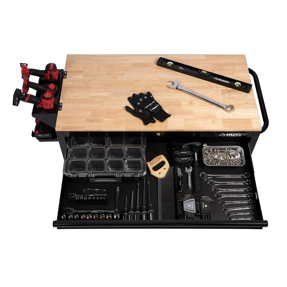 🔥Special Offer Only Today - 46 in. W x 24.5 in. D 9-Drawer Gloss Black Deep Tool Chest Mobile Workbench with Hardwood Top and Power Station
