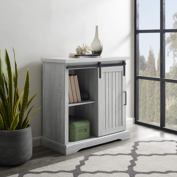 Walker Edison Beaumont Modern Farmhouse Sliding Slat Door Storage Cabinet, 32 Inch, White Oak White Oak Groove Door Cabinet
