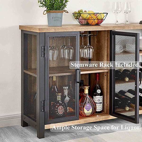BON AUGURE Industrial Bar Cabinet for Liquor and Glasses, Rustic Wood and Metal Wine Rack Table, Accent Sideboard Buffet with Doors (47 Inch, Vintage Oak) Wine Cabinet