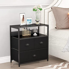 Furologee Nightstand with 3 Drawers, Dresser with Storage Shelf, Bedside Table/Closet Organizer, Rustic Fabric Linen Bins & Wooden Top for Bedroom, Hallway, Hotel (Rustic Brown)