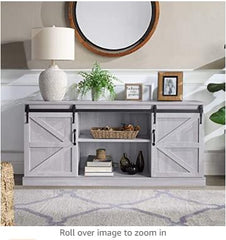 BELLEZE Modern Farmhouse TV Stand & Media Entertainment Center Console Table for TVs up to 65 Inch with Sliding Barn Door and Storage Cabinets - Truman (Stone Grey)
