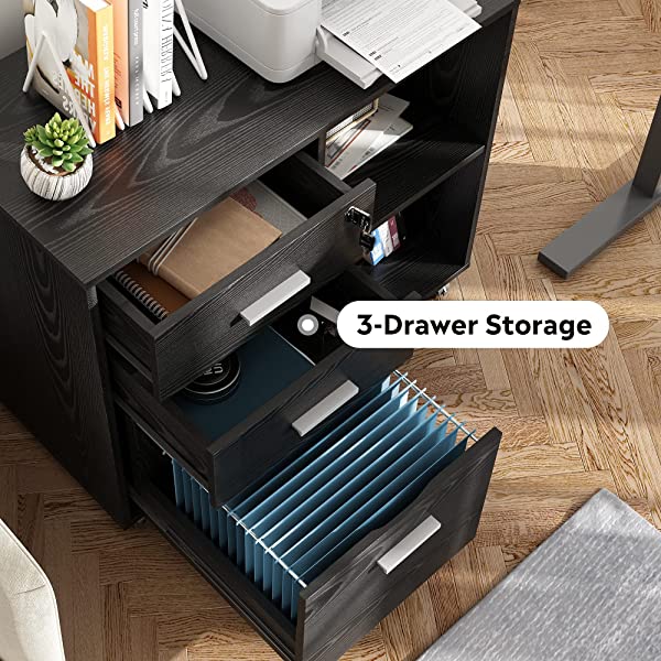 DEVAISE 3-Drawer Wood File Cabinet with Lock, Mobile Lateral Filing Cabinet, Printer Stand with Open Storage Shelves for Home Office, Black