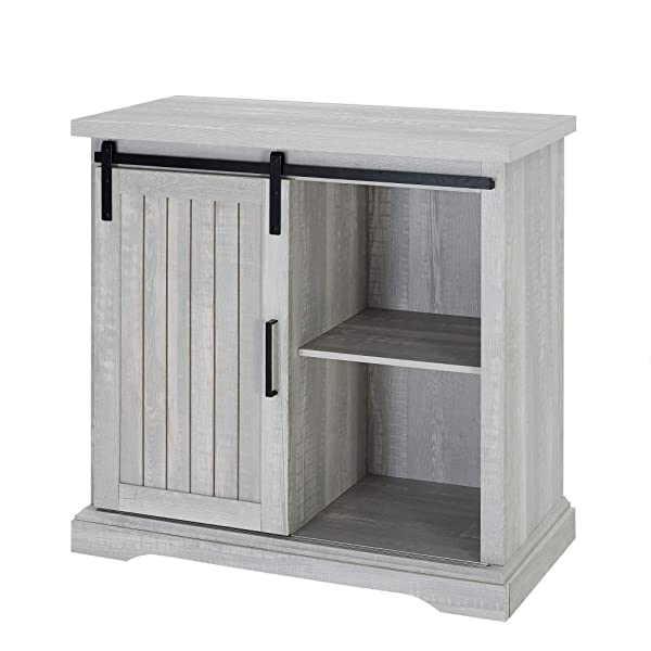 Walker Edison Beaumont Modern Farmhouse Sliding Slat Door Storage Cabinet, 32 Inch, White Oak White Oak Groove Door Cabinet