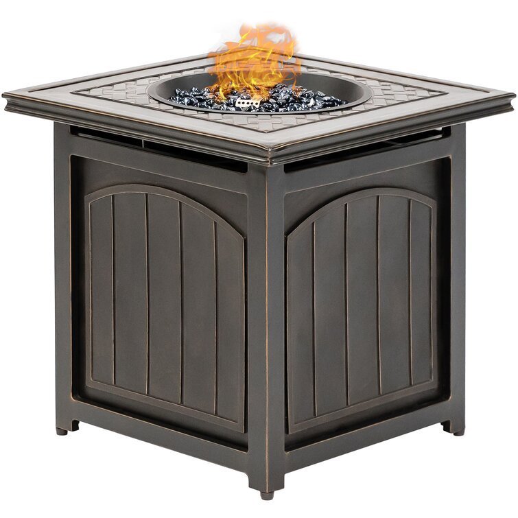5-Piece Steel Patio Fire pit Conversation Set with Sahara Sand Cushions and 26 in. Square Fire pit Side Table