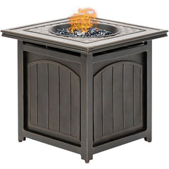 5-Piece Steel Patio Fire pit Conversation Set with Sahara Sand Cushions and 26 in. Square Fire pit Side Table