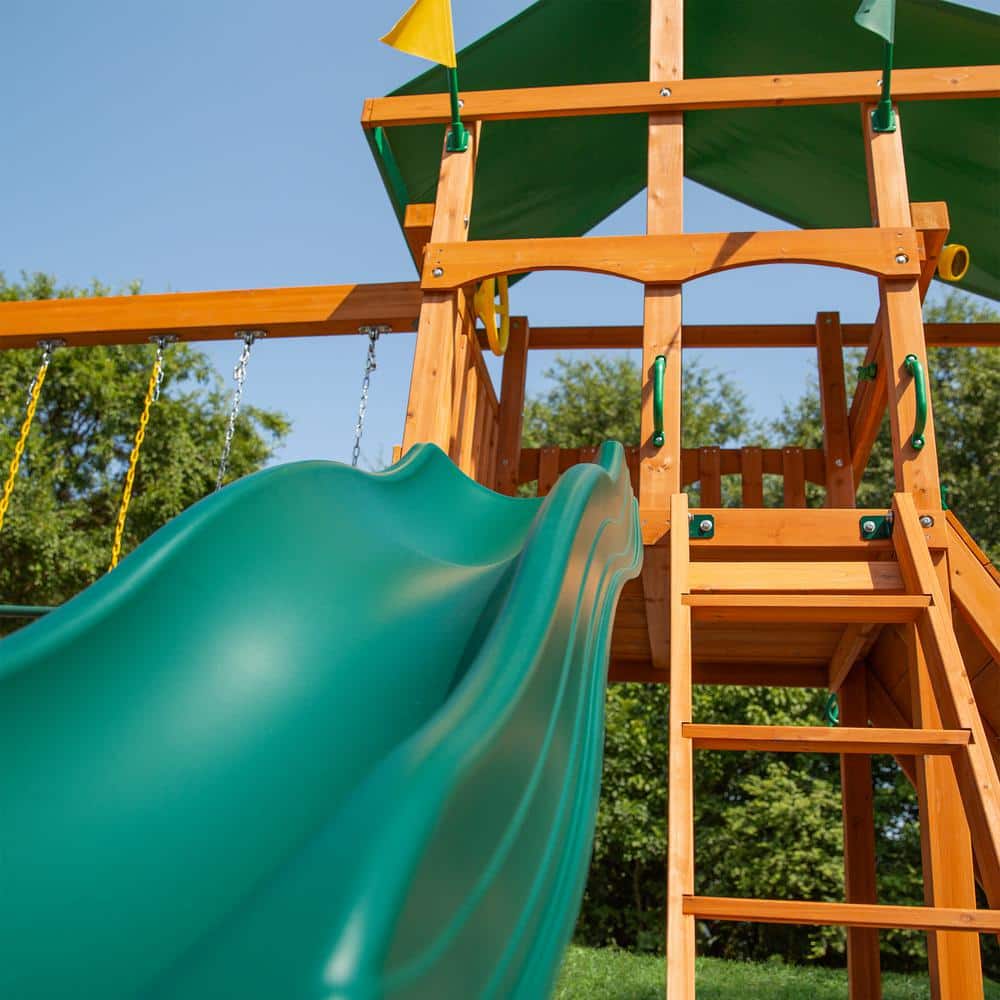 DIY Outing III Wooden Outdoor Playset with Tarp Roof, Rock Wall, Wave Slide, Swings, and Backyard Swing Set Accessories