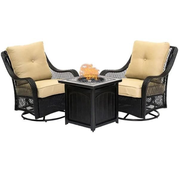 5-Piece Steel Patio Fire pit Conversation Set with Sahara Sand Cushions and 26 in. Square Fire pit Side Table