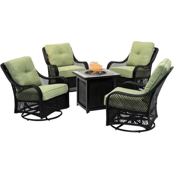 5-Piece Steel Patio Fire pit Conversation Set with Sahara Sand Cushions and 26 in. Square Fire pit Side Table