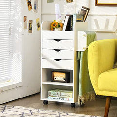 Tangkula Rolling Storage Drawer Cart, Wooden Utility Cart w/ 3 Drawers, 3 Shelves, 3 Slots and 2 Dowels, Organizer Cabinet w/ Lockable Casters, Mobile Cart for Study, Living Room, Office, White